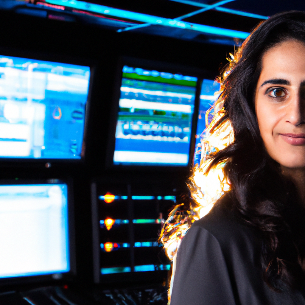 Portrait of operations manager Priya Desjardins in a modern control room